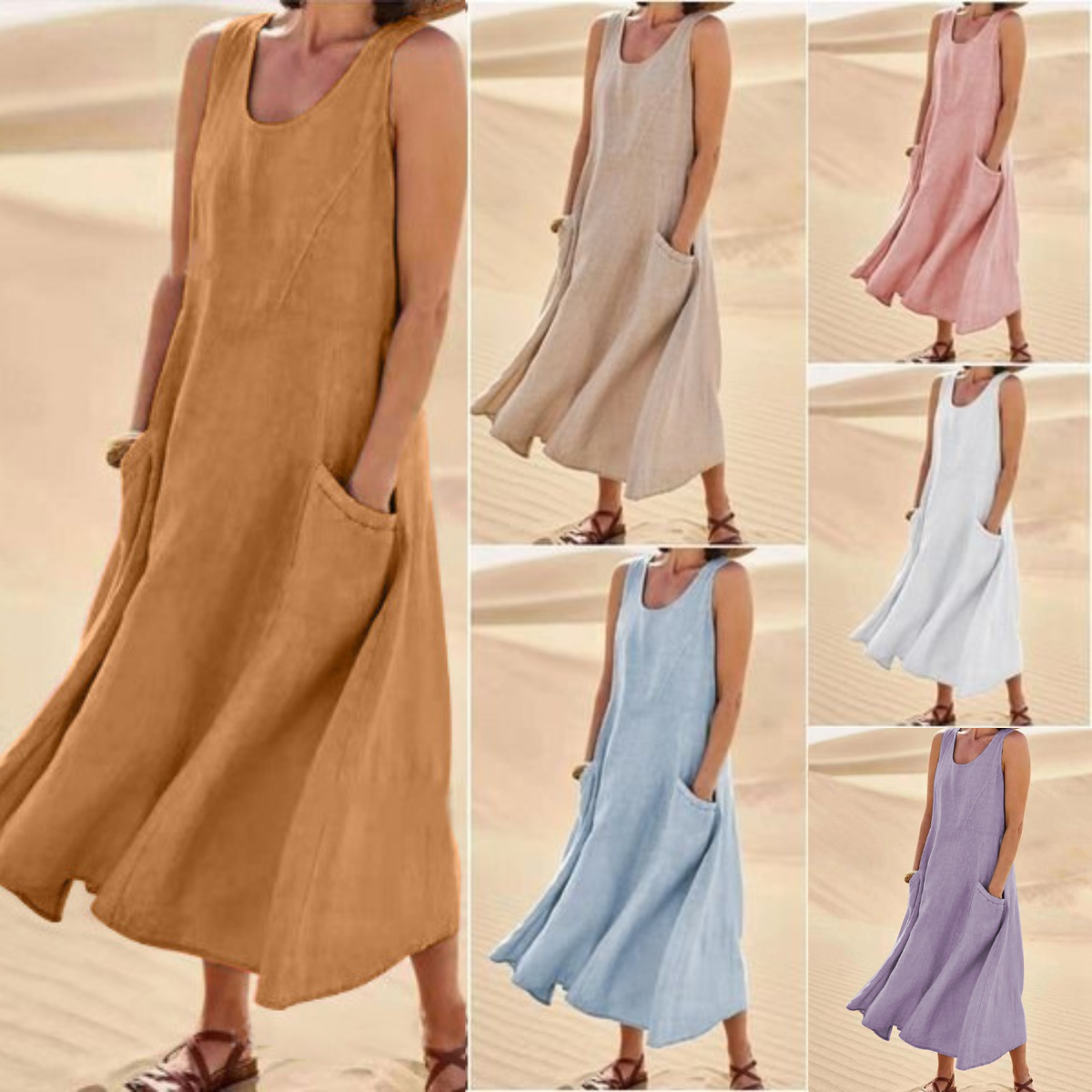 🌈👗【S-5XL】2026 Letnia, nowa, elegancka, jednokolorowa sukienka bez rękawów z okrągłym dekoltem, wykonana z bawełny i lnu.