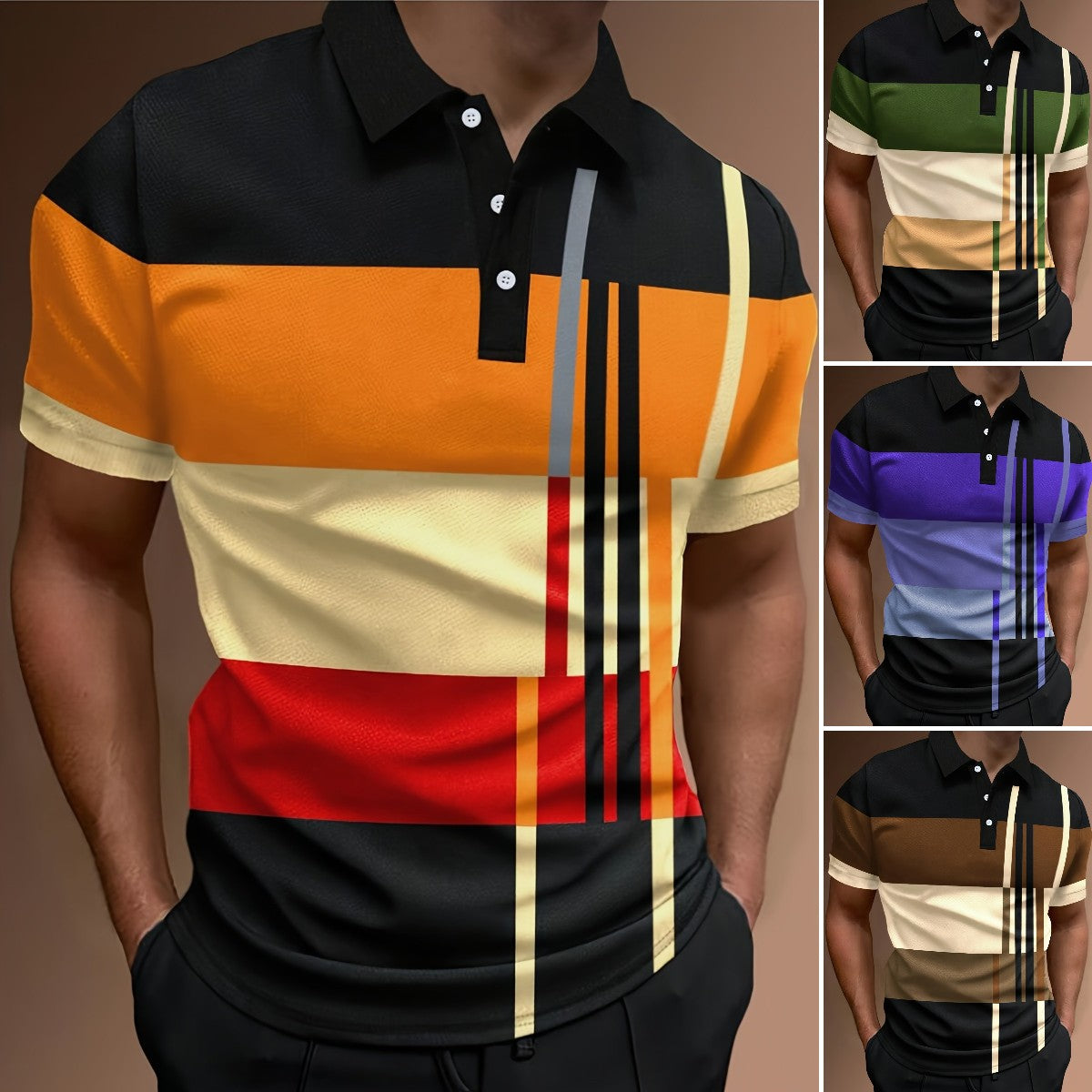 🔥【50% ZNIŻKI】👔【S-6XL】Męska koszulka POLO z nadrukiem 3D w paski i kolorowymi nadrukami--3706859