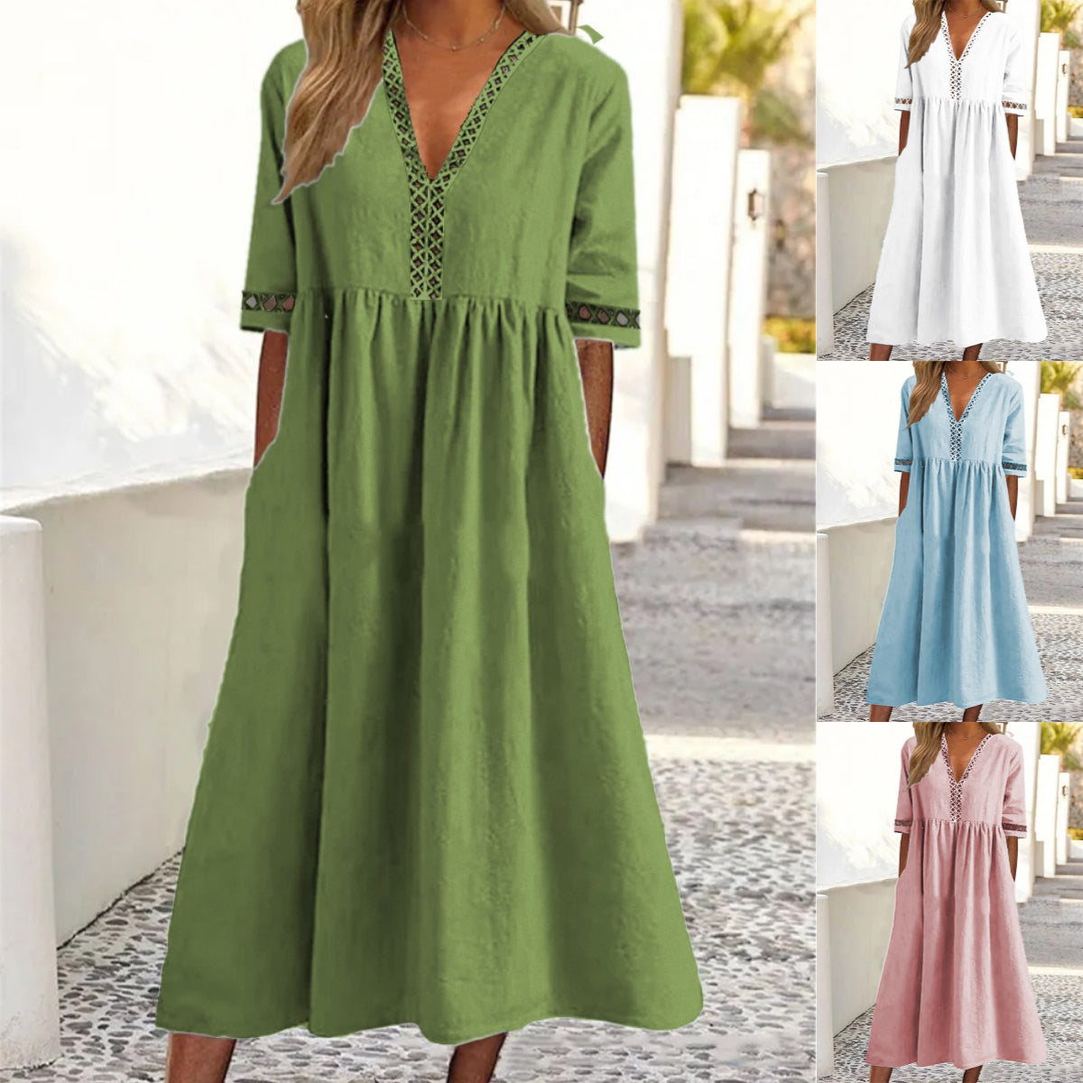 👗50% de descuento🔥 Vestido de encaje con cuello en V y manga corta ✅️Pago contra entrega