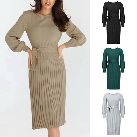 👗🔥 (Z paskiem) 2024 nowa jesienno-zimowa dzianinowa wąska plisowana sukienka midi-3807305