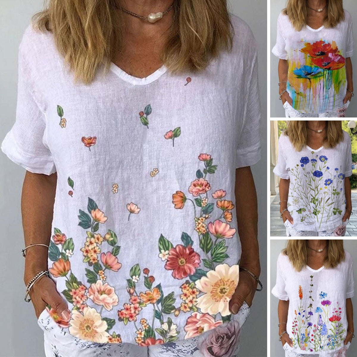 💐【Kup 1 dostań 1 za darmo】👕【S-5XL】🌈T-shirt z krótkim rękawem i bawełnianą lnianą nadrukiem w kwiaty