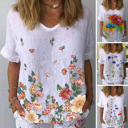 💐【Kup 1 dostań 1 za darmo】👕【S-5XL】🌈T-shirt z krótkim rękawem i bawełnianą lnianą nadrukiem w kwiaty