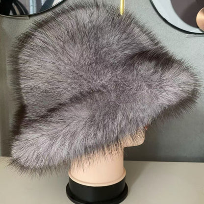 👒Sleva -47%🔥 Dámská teplá podzimní a zimní čepice s velkou krempou a kopulí z lišky