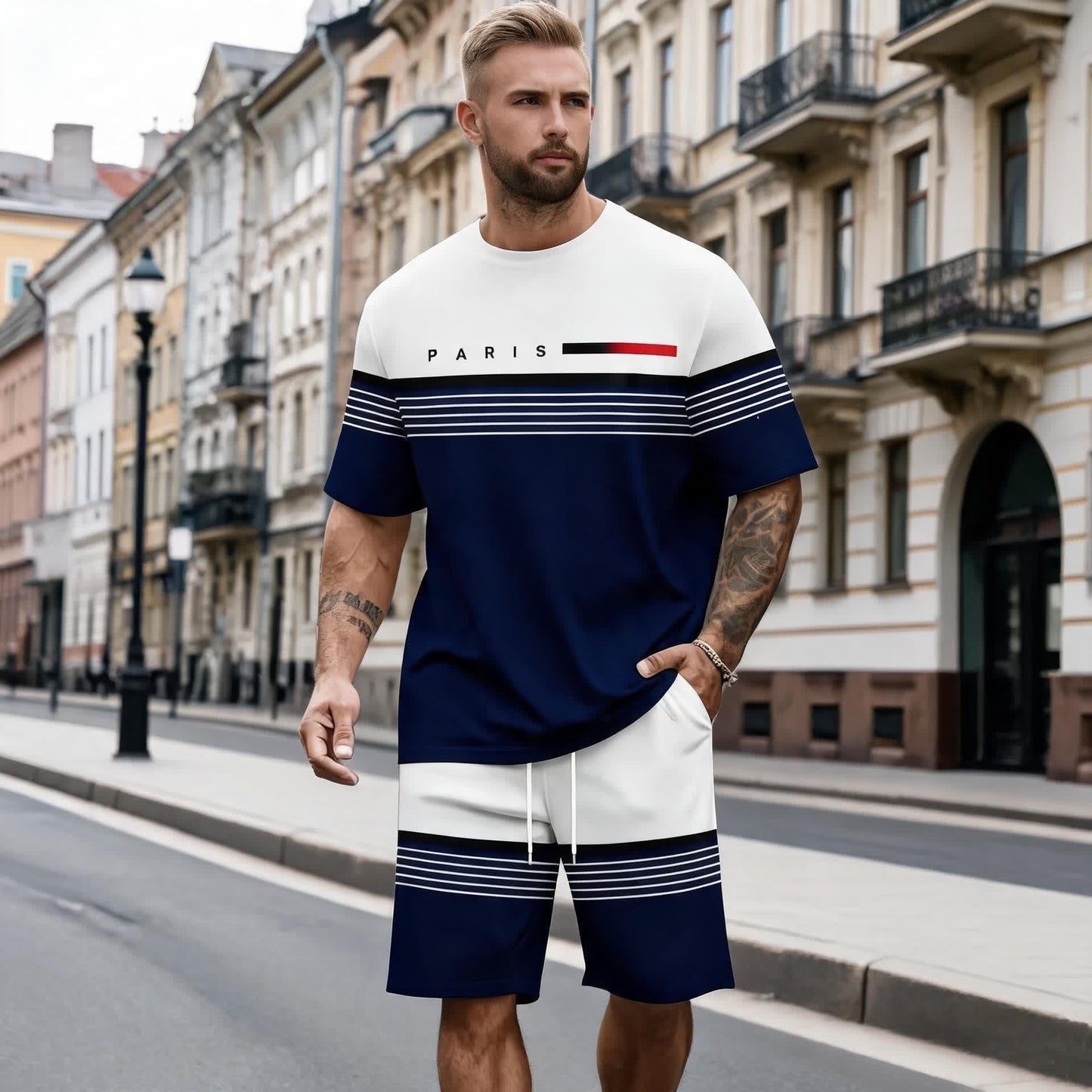 😍Pago contra entrega✅️【S-5XL】Conjunto informal y cómodo de camisa de manga corta y pantalón corto con estampado de letras para hombre.