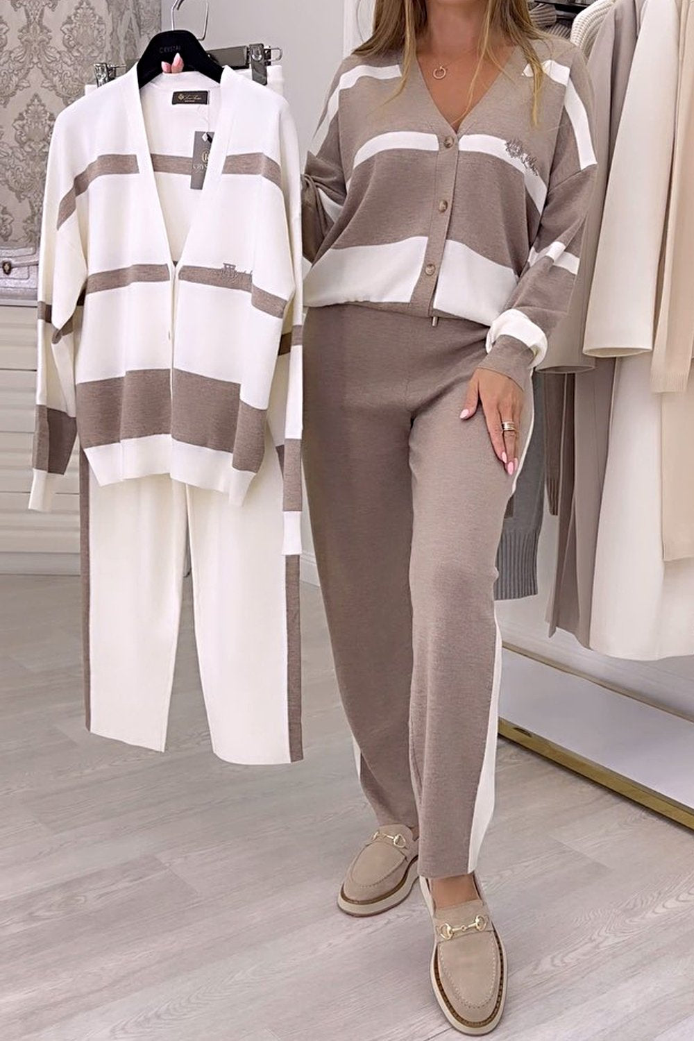 🐏🔥【S-5XL】【Dzianina + spodnie】✨🎉 Stylowy dwuczęściowy komplet z dzianiny w blokach kolorów