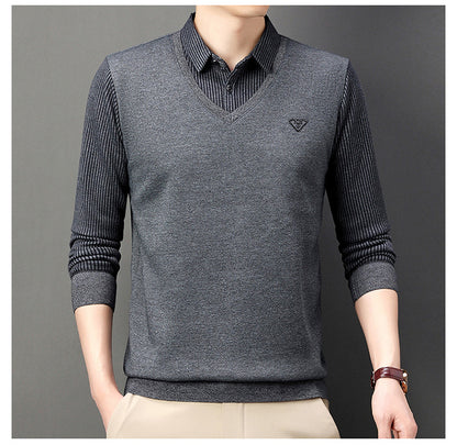 💥🔥【M-4XL】Есенно-зимна мъжка поло тениска с яка и дълъг ръкав Мъжка поло тениска от две части за средна възраст и възрастни
