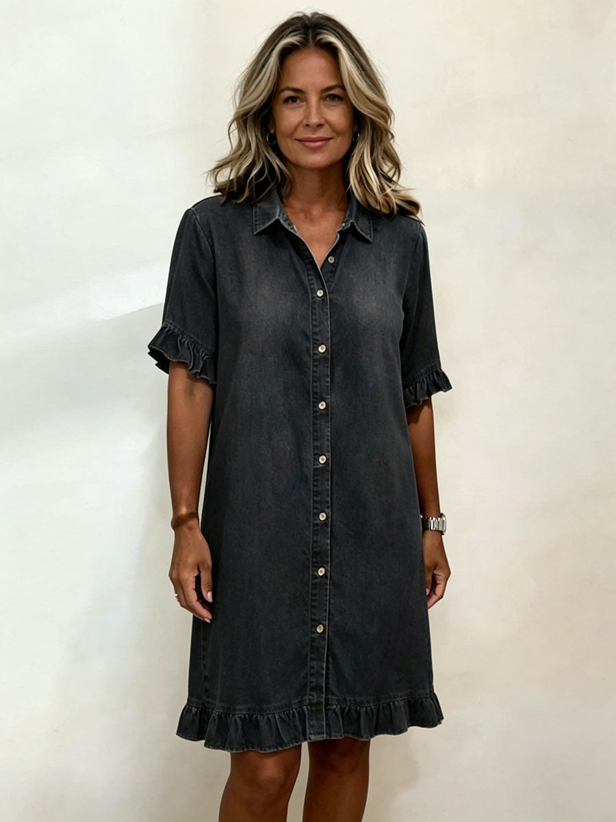 【50% OFF】Vestido camisero vaquero de corte holgado con volantes