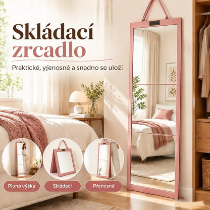 👗👜 Skladacie prenosné zrkadlo na celú postavu, ideálne na cesty, s praktickým držadlom a ochranným plsteným puzdrom odolným proti nárazom, dizajn v štýle kabelky ✨