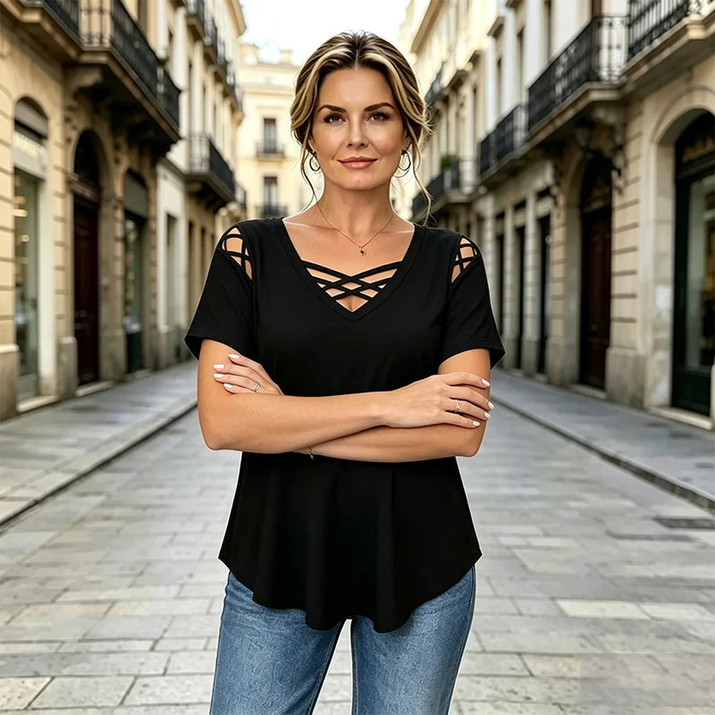 👚【Novedad 2026, oferta por tiempo limitado】 Camiseta de algodón con cuello en V, diseño cruzado y aberturas, moderna y transpirable