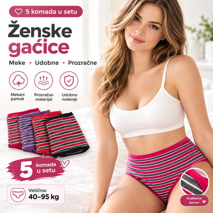 💖【5 kom】🆕🩲 Žensko pamučno donje rublje visokog struka s prugama - udobna velika veličina (40-95 kg)