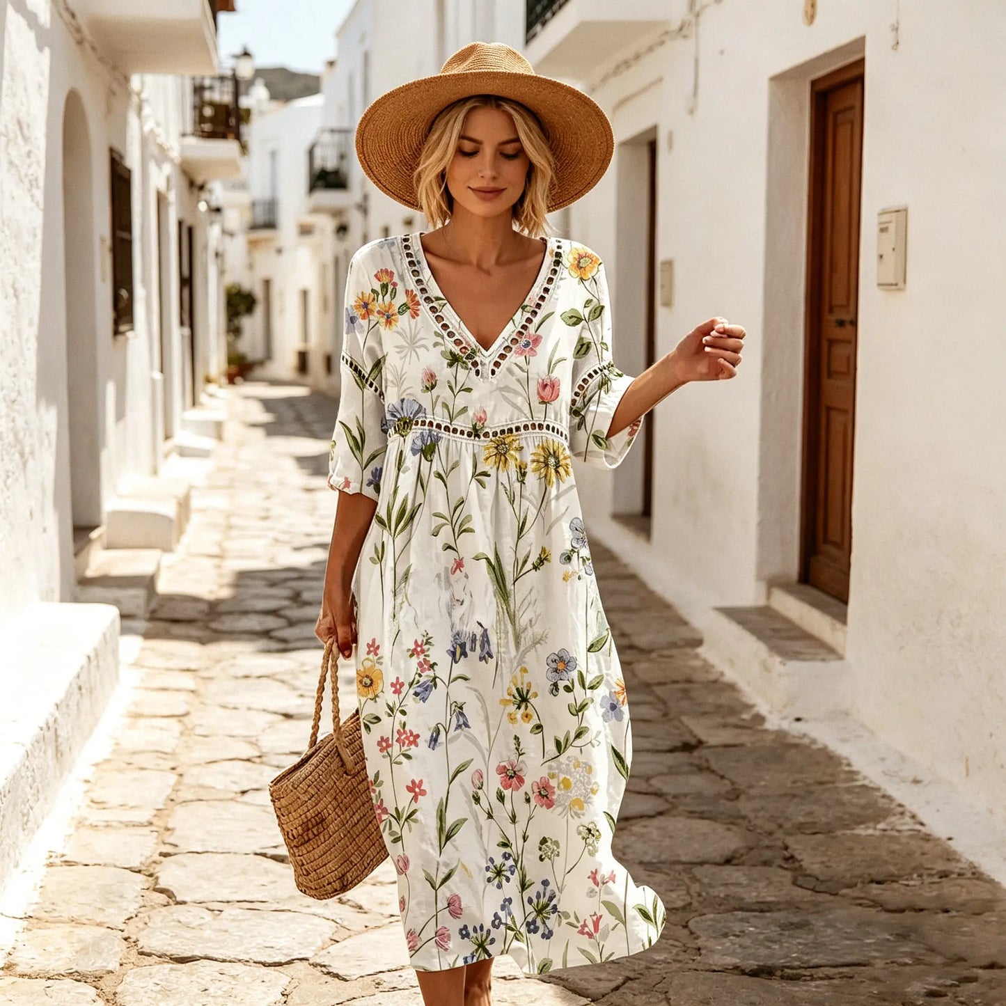 🔥✨【S-3XL】🌷Vestido largo de verano de algodón y lino estampado: elegante y con estilo.