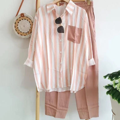 ✨🌸【S-5XL】Нов пролетен комплект от две части на райета, топ с дълъг ръкав и панталон.