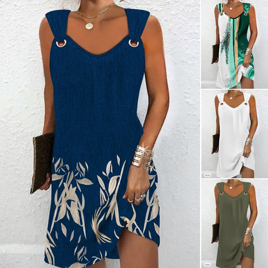 👗👗【Gorąca wyprzedaż】✨Wiosna Lato Nowa sukienka bez rękawów z dekoltem w serek i metalowymi guzikami