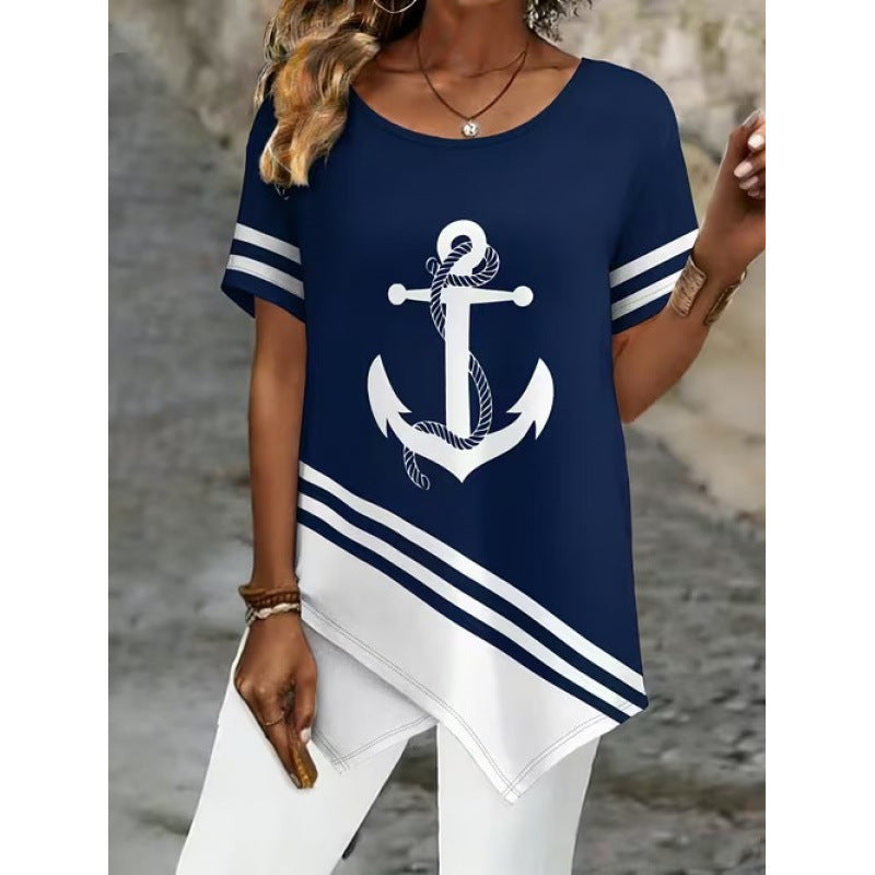 💎【S-5XL】Blusa de manga corta con estampado retro y bajo asimétrico.✅️Pago contra entrega