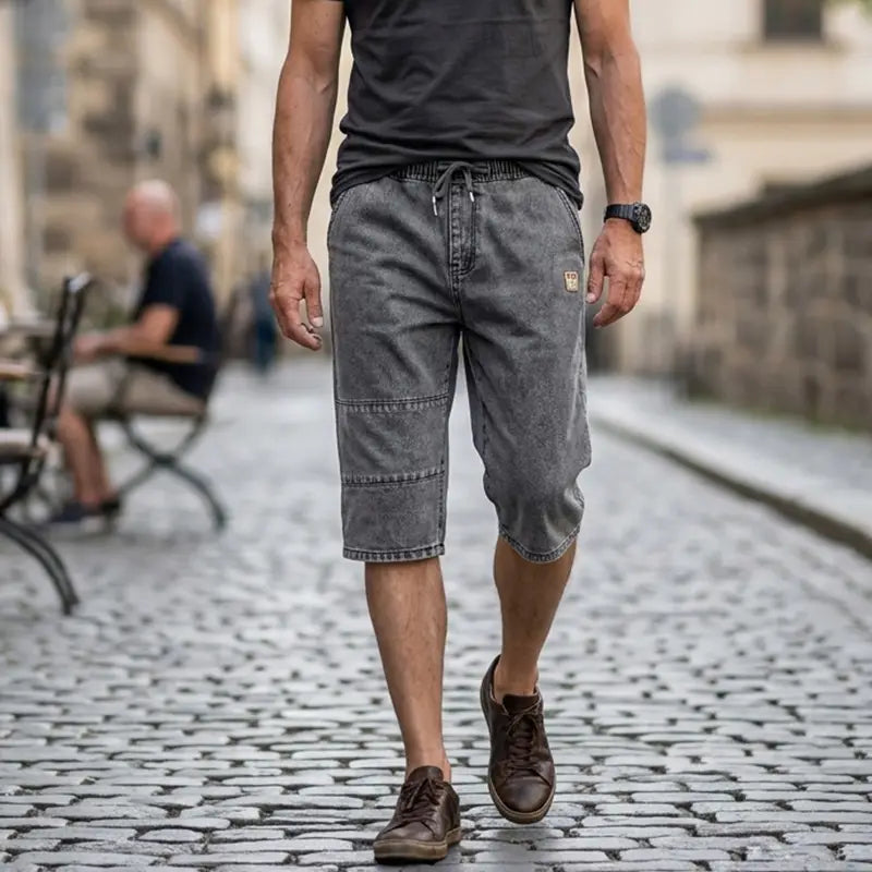 🔥【50% de descuento!】🔥Pantalones cortos vaqueros tres cuartos para hombre, jeans ligeros y frescos de verano, cintura elástica con cordón, corte oversize holgado, material suave y transpirable.