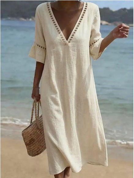 💥【50% off en nuevos productos!!】🌸Vestido mujer 2026 primavera verano, algodón y lino, cuello V con encaje✅Pago al recibir