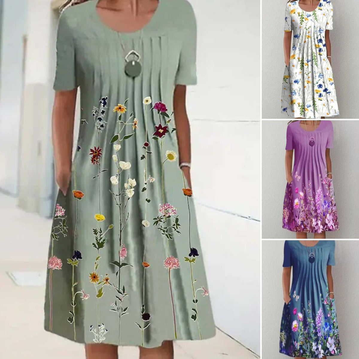 💗💗 【40-100KG】🎁🎁2025 Wiosna i Lato Nowa Moda Damska Sukienka Z Okrągłym Dekoltem Nadrukowana