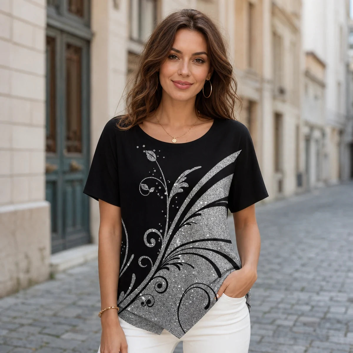 💎【S-5XL】Blusa de manga corta con estampado retro y bajo asimétrico.✅️Pago contra entrega