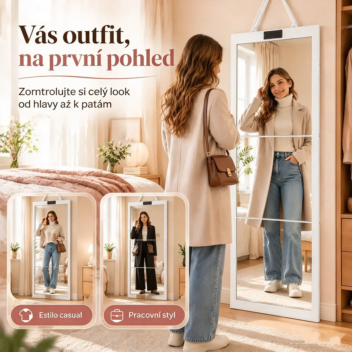 👗👜 Skladacie prenosné zrkadlo na celú postavu, ideálne na cesty, s praktickým držadlom a ochranným plsteným puzdrom odolným proti nárazom, dizajn v štýle kabelky ✨