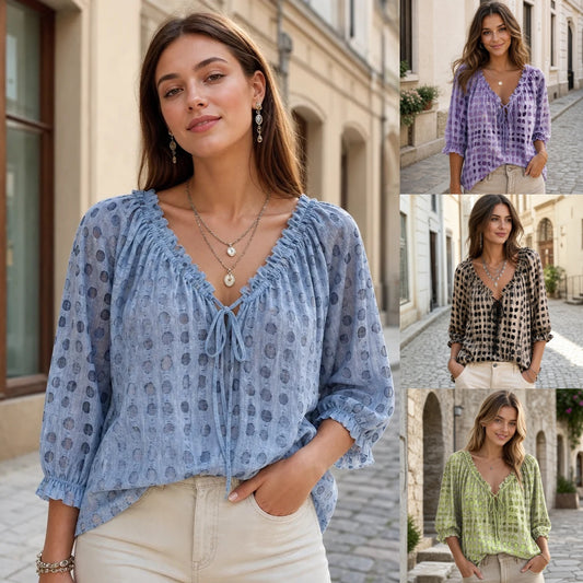 🎁Camisa de estilo bohemio con estampado de lunares de encaje ✅️Pago contra entrega