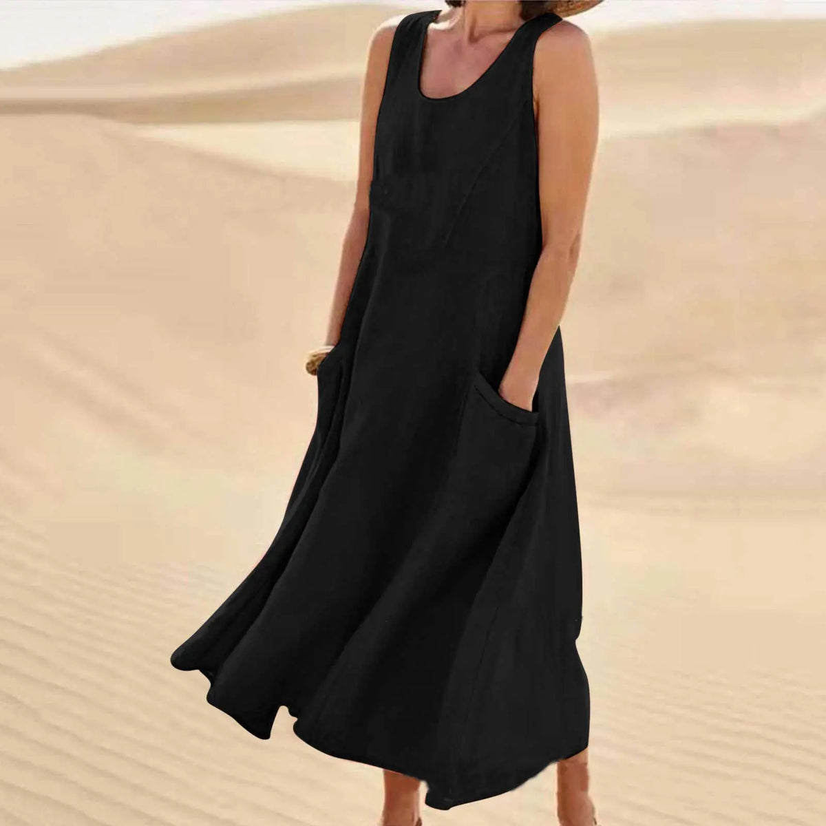 🌈👗【S-5XL】Nova elegantna jednobojna haljina bez rukava s okruglim izrezom od pamuka i lana za ljeto 2026.