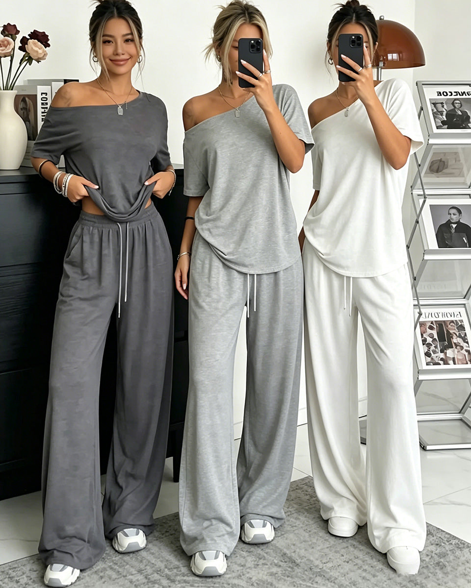 【S-5XL】Conjunto 2026: Camiseta elegante de manga corta con hombros descubiertos + Pantalones holgados con cordón y zapatos anchos 😍 ¡Imprescindible para el verano!