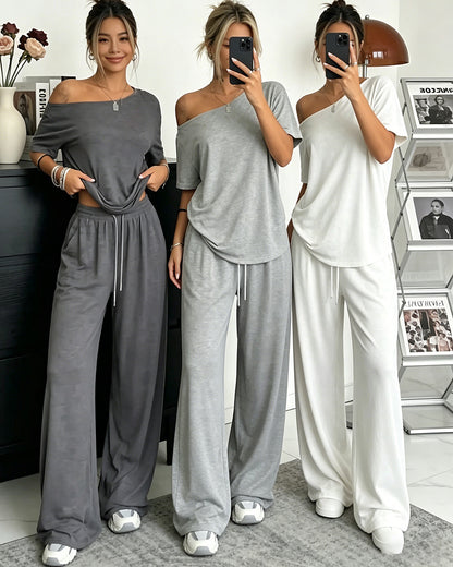 【S-5XL】Conjunto 2026: Camiseta elegante de manga corta con hombros descubiertos + Pantalones holgados con cordón y zapatos anchos 😍 ¡Imprescindible para el verano!