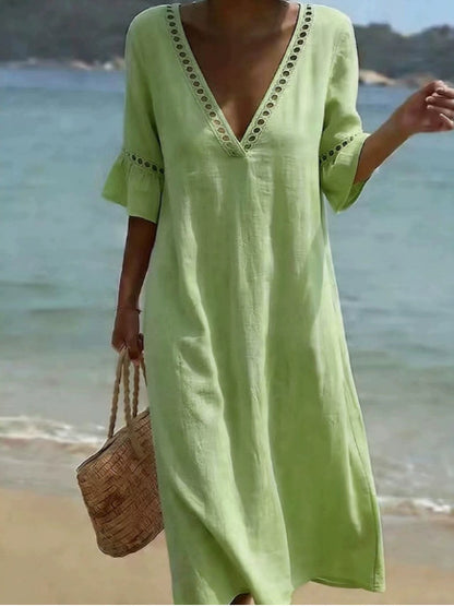 💥【50% off en nuevos productos!!】🌸Vestido mujer 2026 primavera verano, algodón y lino, cuello V con encaje✅Pago al recibir