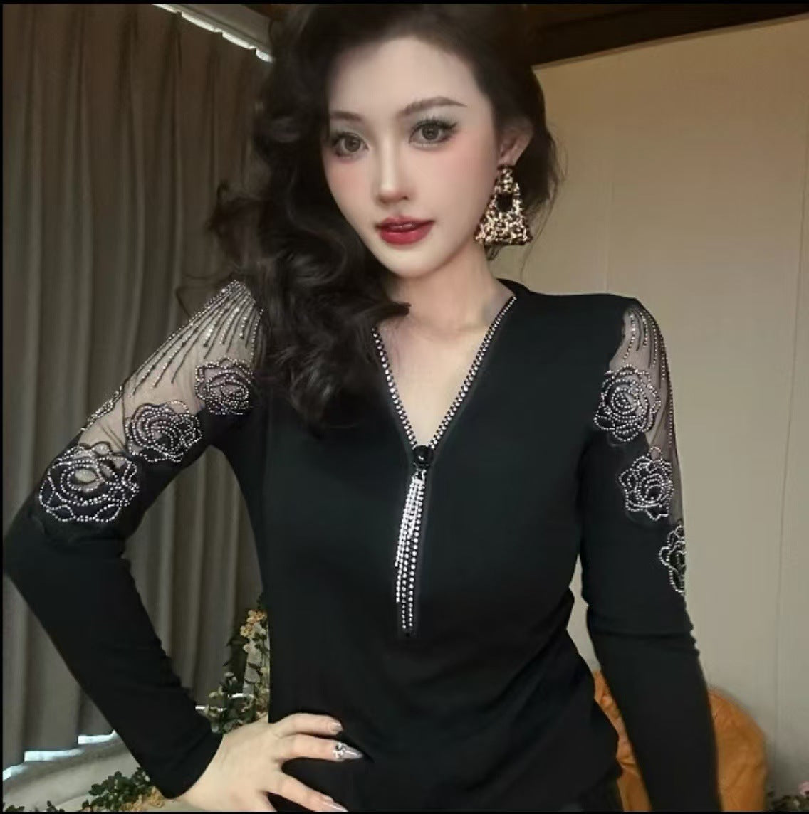 🔥Cămașă cu mâneci lungi, cu fermoar, cu decolteu în V, sexy, trandafir nou