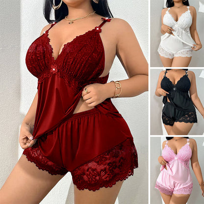 👗Compra 1 y obtén 1 gratis🌸 conjunto de pijama con camiseta sin mangas y pantalones cortos de encaje, tirantes ajustables y escote en V 🛏️✨