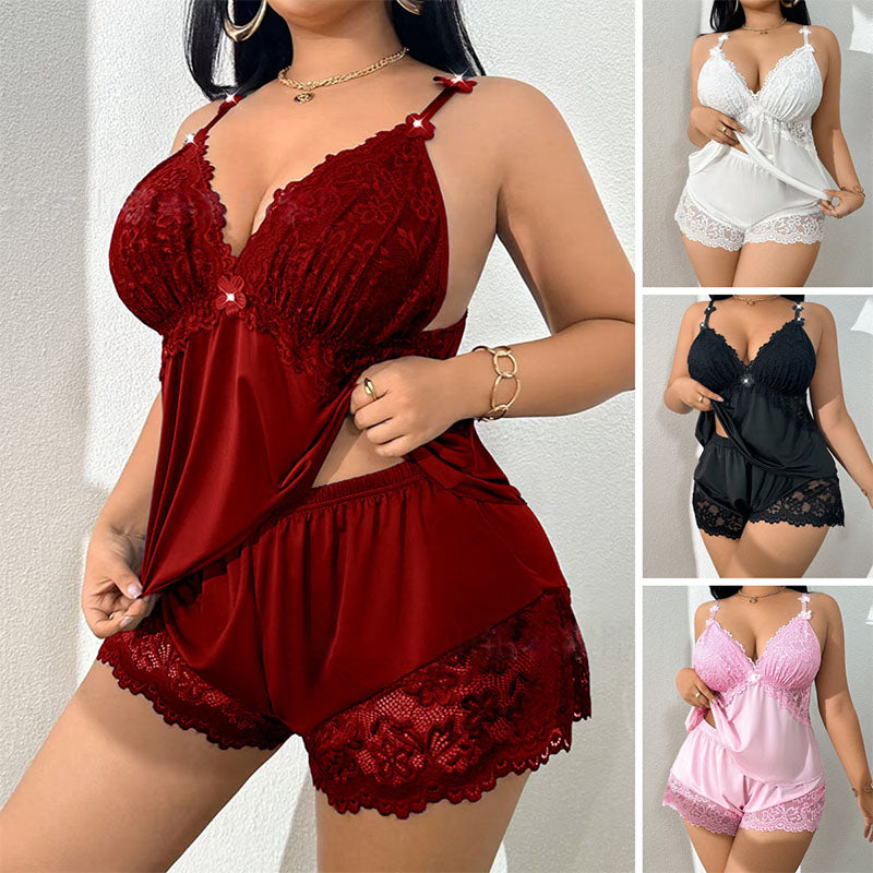 👗Compra 1 y obtén 1 gratis🌸 conjunto de pijama con camiseta sin mangas y pantalones cortos de encaje, tirantes ajustables y escote en V 🛏️✨