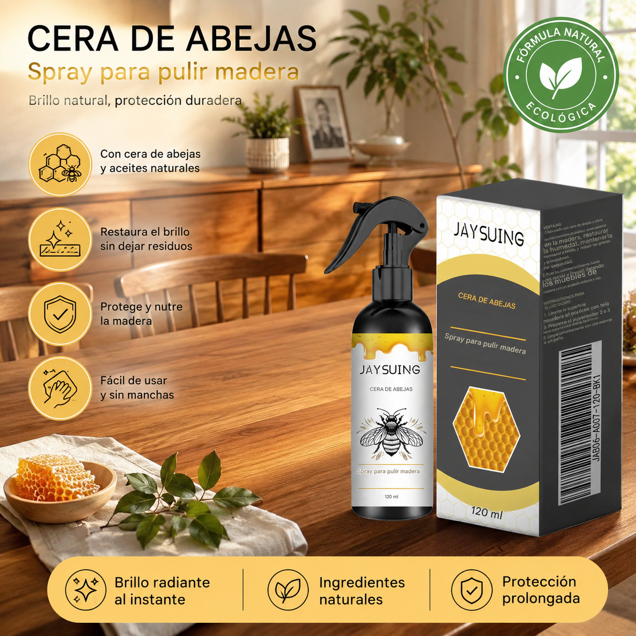 🔥🍯 Spray pulidor de madera con infusión de cera de abeja para el mantenimiento de muebles y la prevención de grietas.