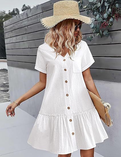 👗🎁 【S-2XL】2026 lato nowy styl modna luźna jednokolorowa sukienka z krótkim rękawem z bawełny i lnu zapinana na guziki