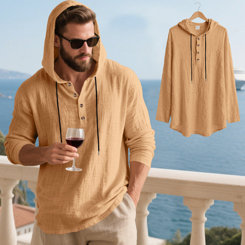 👔50% de descuento🏆【40-100kg】Camisa Henley de manga larga con capucha, transpirable y de lino para hombre, de corte holgado, ideal para la playa.✅Pago contra entrega
