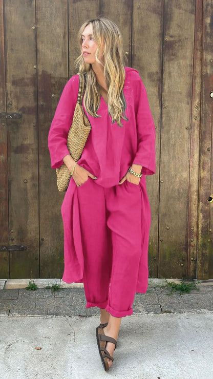 ✨✨【Top + Pantalones】Conjunto de camisa de algodón y lino de talla grande con pantalón holgado para mujer. ✅️Pago contra entrega