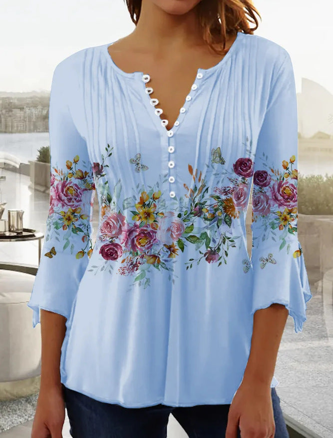 🌸✨【Solo hoy -50%！！】【S-5XL】🌺Top con cuello en V y mangas florales, estilo delicado y romántico