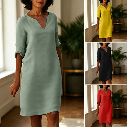 👗【S-3XL】Vestido vintage de lino y algodón con cuello en V, cintura alta, empalmes y mangas 3/4 lisas; tejido transpirable, lavable y resistente a las arrugas.