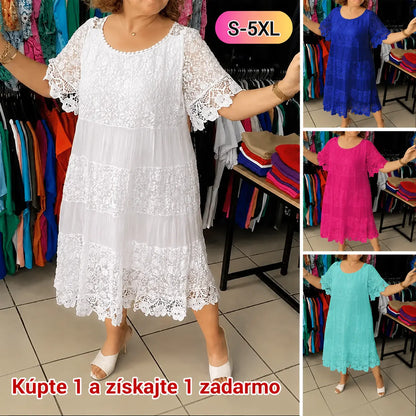 🔥【50% ZĽAVA】✨✨✨【S-5XL】2026Nové šaty s krátkym rukávom, okrúhlym výstrihom a čipkou.
