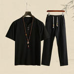 🔥Codzienny, dwuczęściowy komplet z bawełny i lnu, z dekoltem w kształcie litery V i spodniami-3672299