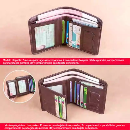 🐂✨ Nueva cartera de cuero genuino para hombre, múltiples ranuras para tarjetas, diseño antirrobo.