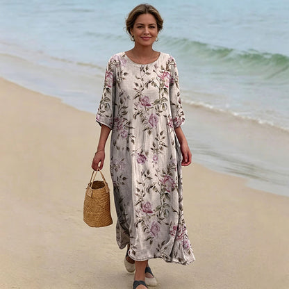 【50% off】Vestido holgado de cuello redondo con estampado artístico floral vintage 2026