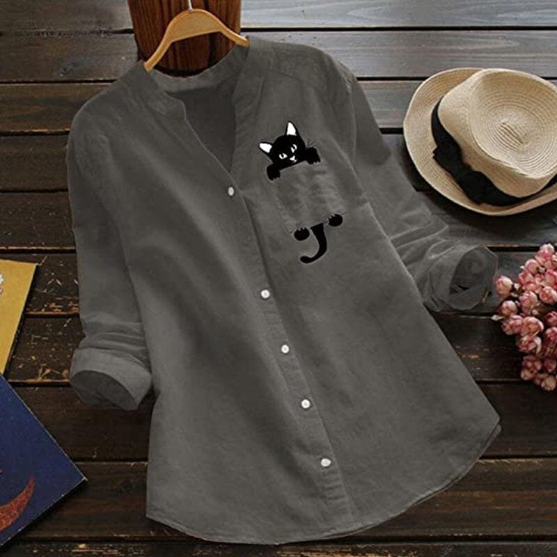 【Gorąca wyprzedaż🔥】【S-3XL】2025 Wiosna Nowa moda Koci nadruk Długi rękaw Bawełniana koszula z dekoltem w serek👚