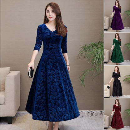 🔥✨️【M-4XL】Jesień Zima Nowy styl Moda Plus Rozmiar Elegancka złota aksamitna ciepła sukienka z długim rękawem-3801728