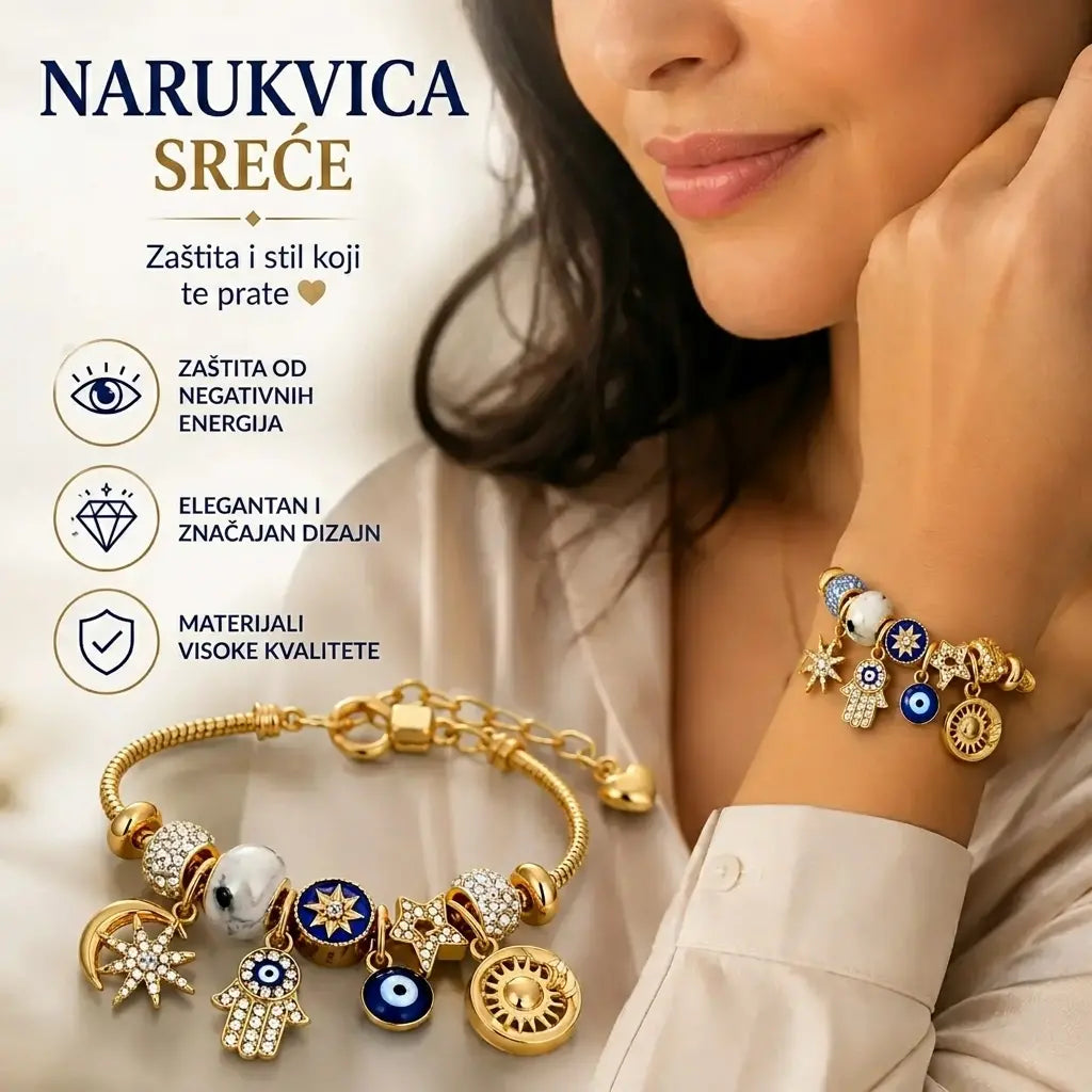 Ženska narukvica s dizajnom zvjezdanog neba | Mjesec, Hamsa ruka, urokljivo oko i drvo života
