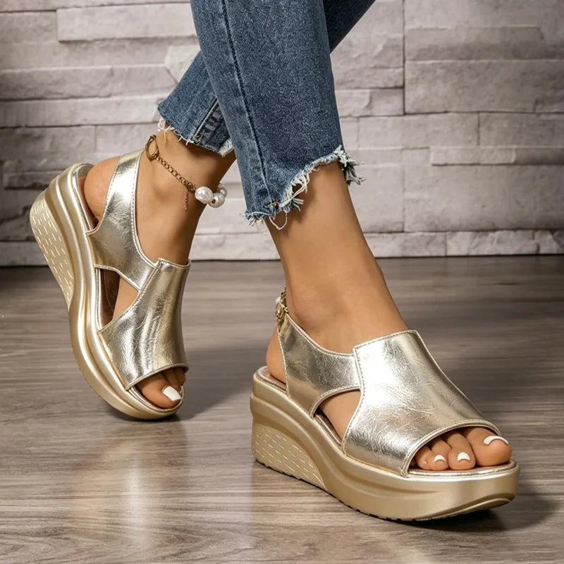 💣【Novedad 2026 + 50% off】Sandalias de mujer con cuña y tiras con hebilla, suela ortopédica suave para aliviar el dolor de pies y zapatos de cuero con soporte plantar.
