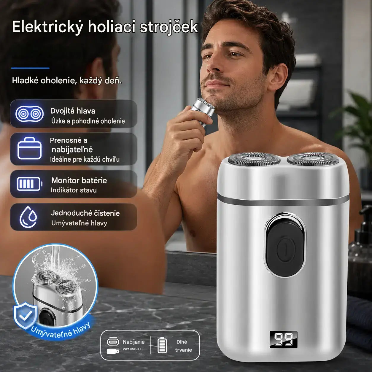🧡Mini prenosný elektrický holiaci strojček s magnetickou a vodotesnou dvojitou hlavicou