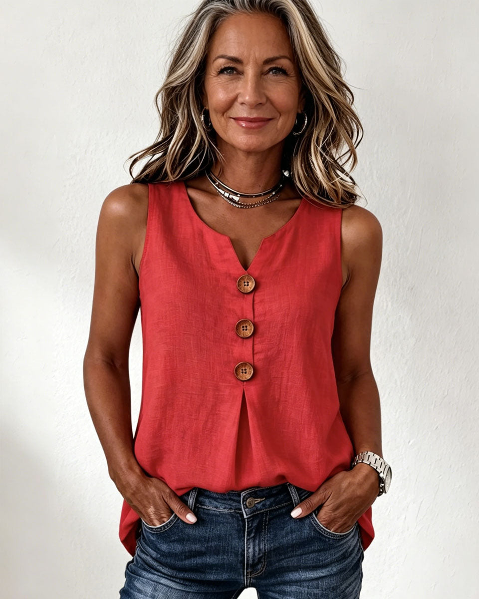 【Oferta al 50%】Nueva blusa sin mangas para mujer 2026, cuello en V y botones lisos.