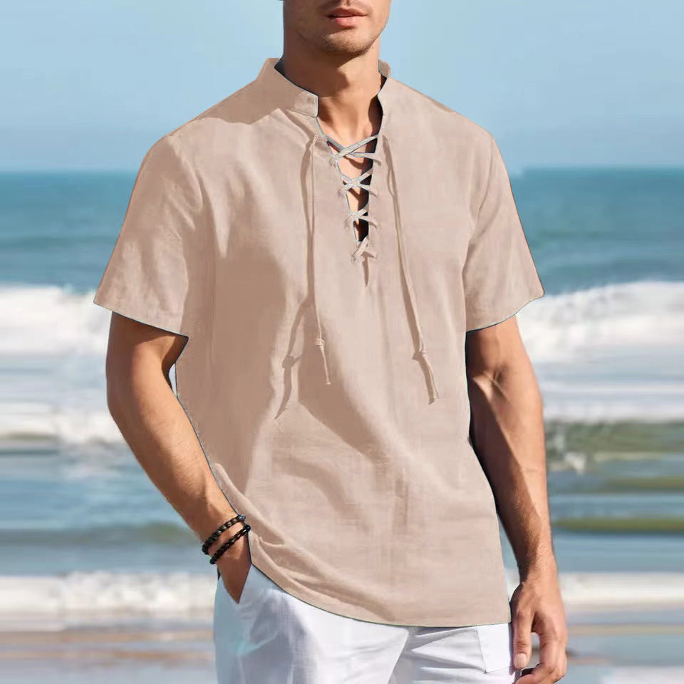 👔 50% de descuento 🔥 Camisa Henley de algodón y lino para hombre, talla grande, con cuello en V y lazos ✅️ Pago contra entrega