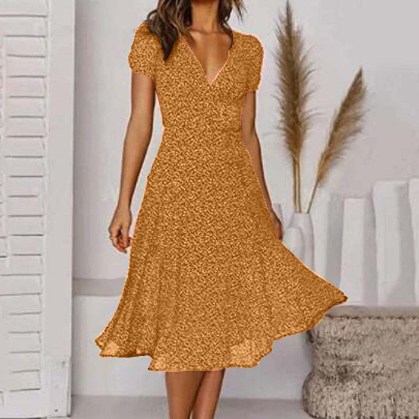 🌈👗 50% zniżki🔥【40-100 kg】Sukienka z krótkim rękawem, dekoltem w serek i wzorem w groszki, duże rozmiary ✅️Płatność przy odbiorze