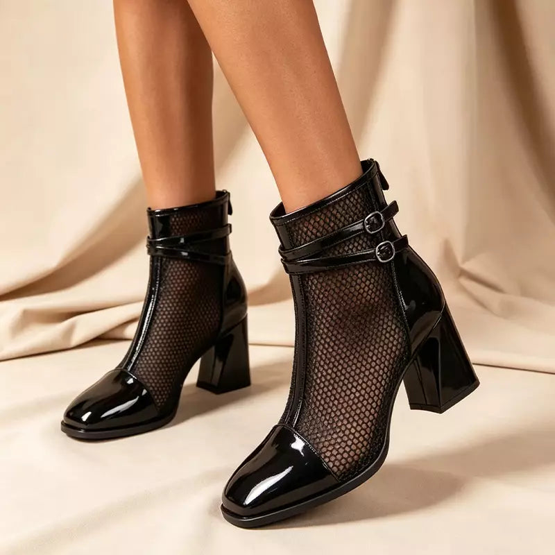 👢✨Елегантни къси боти до глезена във френски стил с фина мрежа и лачена кожа